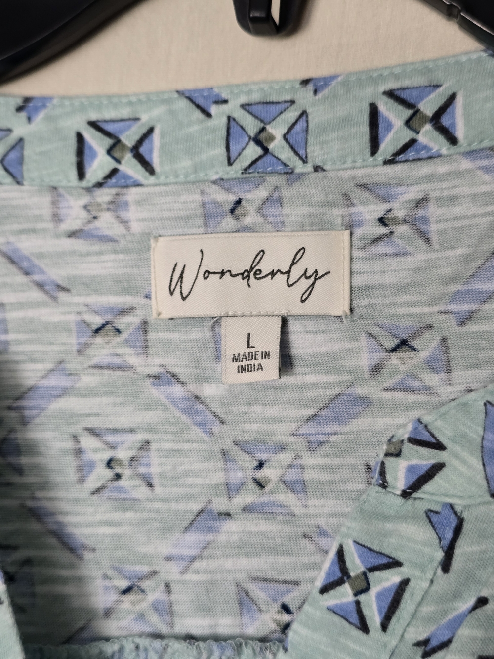 Wonderly Light Blue Geometric Tile Print Long Sleeve Tie Hem Blouse - Size Large - Picture 4 of 5